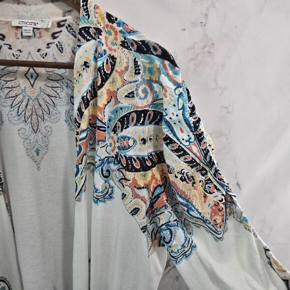 Chicos Cardigan Womens 3 XL White Blue Sweater Lightweight Ruched Sleeve Artsy - Picture 11 of 12